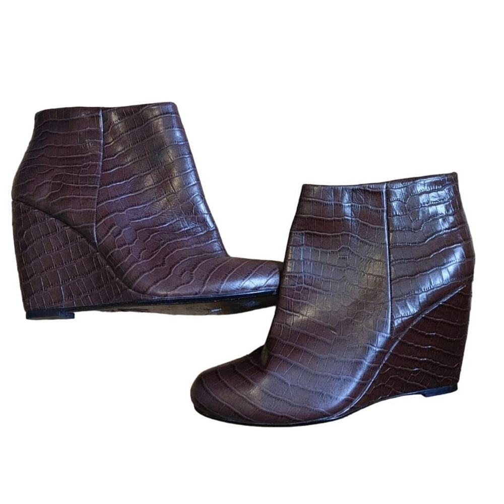 Joie Booties Wedges Zip Crocodile Leather Brown 38.5 = 8.5 US